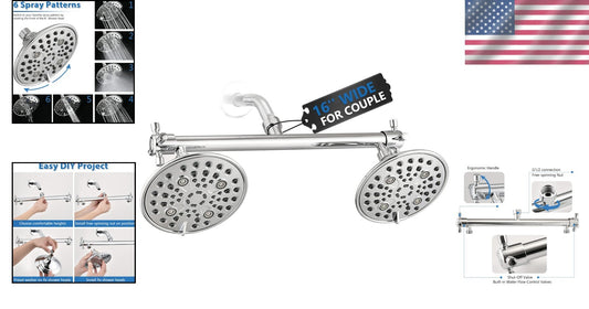 Polished Stainless Steel Dual Shower Head for Couples - 6 Adjustable Functions
