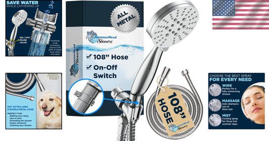 Extra Long 108-Inch Hose Handheld Shower Head - 3 Settings with Shutoff Valve