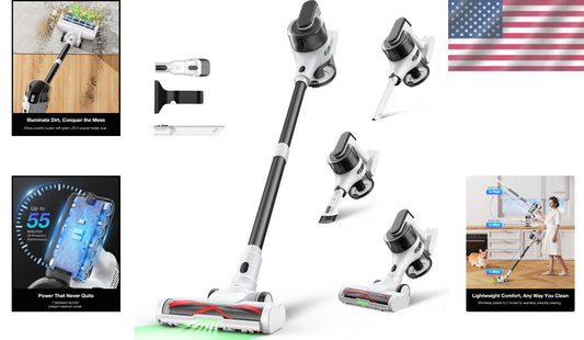 Rechargeable Cordless Stick Vacuum Cleaner for Carpets & Hard Floors, 55 Min Run