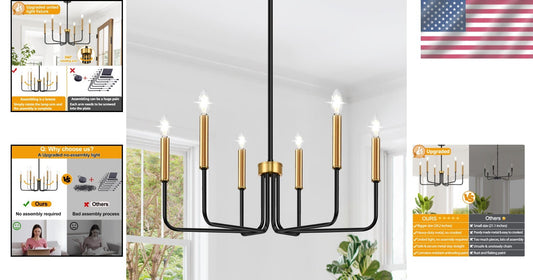 Industrial Black and Gold 6-Light Ceiling Fixture - Easy Install Farmhouse Style