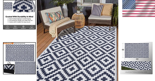 Sophisticated Dark Blue & White 5' x 8'' Outdoor Rug - UV Stabilized Design