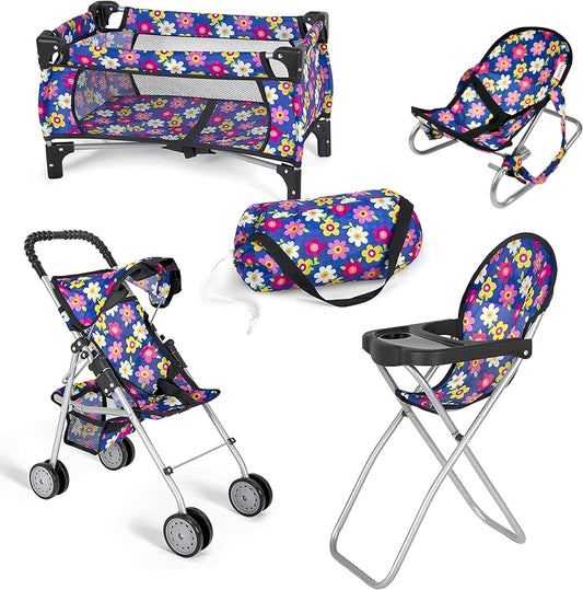 Toddler-Friendly 4 Piece Baby Doll Set - Interactive Stroller, High Chair & More