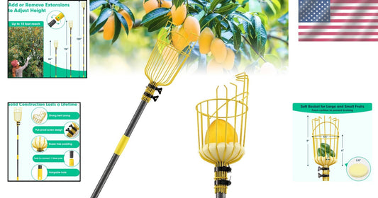Heavy Duty 8FT Fruit Picker Pole with 5.5" Basket - Ideal for Home Gardens