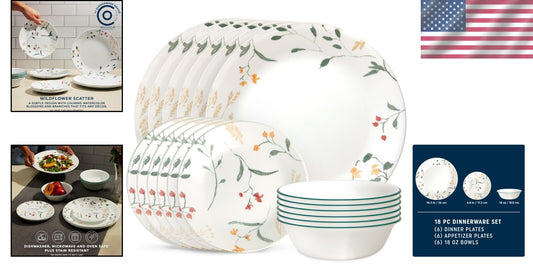 Durable 18-Piece Glass Dinnerware Set in Wildflower - Stylish Service for 6