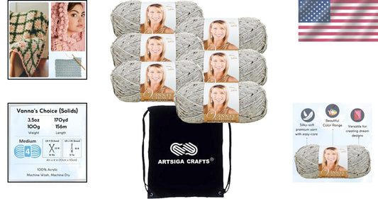 6 Skeins Vanna's Choice Grey Marble Yarn with Matching Project Bag for Crafters
