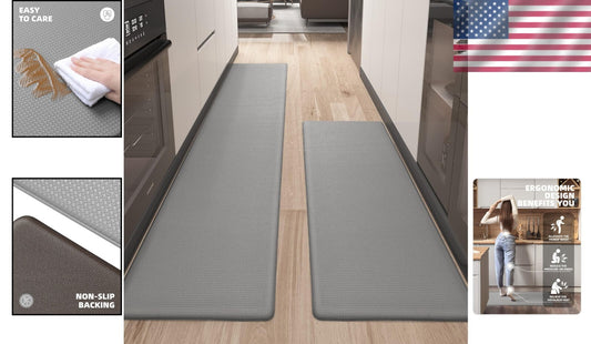 Ergonomic 2-Piece Grey Kitchen Rug Set - Stylish Waterproof Mats for Comfort