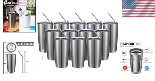 Durable 20oz Double Wall Travel Mug Set with Splash-Proof Lid - 12 Count Silver