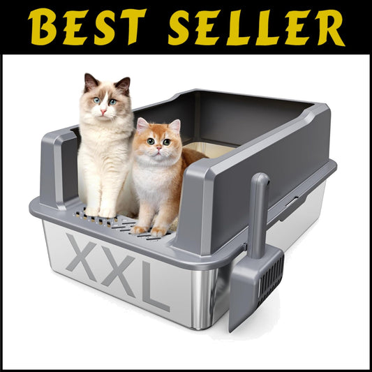 Oversized Stainless Steel Cat Litter Pan with Lid - Ideal for Big Cats & Kittens