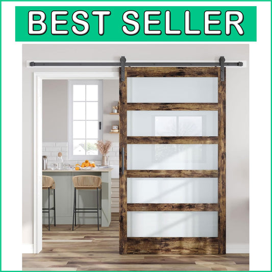 Elegant Brown LVL Wood Sliding Barn Door Kit - DIY Assembly with Frosted Glass
