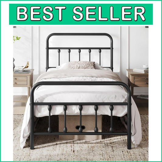 Elegant Black Iron Platform Bed Frame with High Headboard – No Box Spring Needed