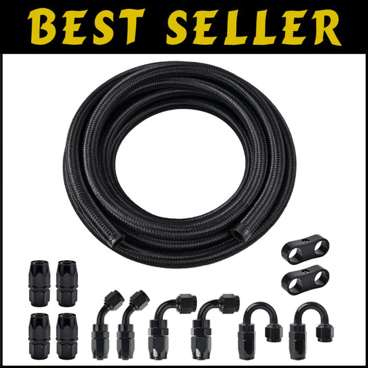 6AN Fuel Hose Kit - 20FT Nylon Braided Line with 10 Swivel Ends & Clamps - Black