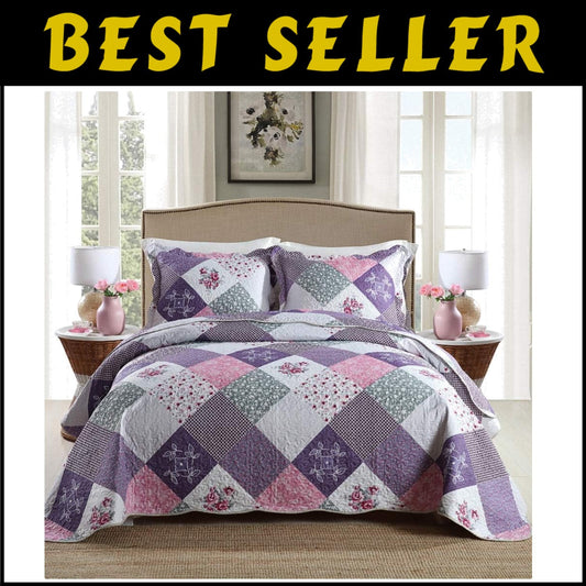 Soft Microfiber Queen Bedspread - Reversible Floral Patchwork Design, 3-Piece