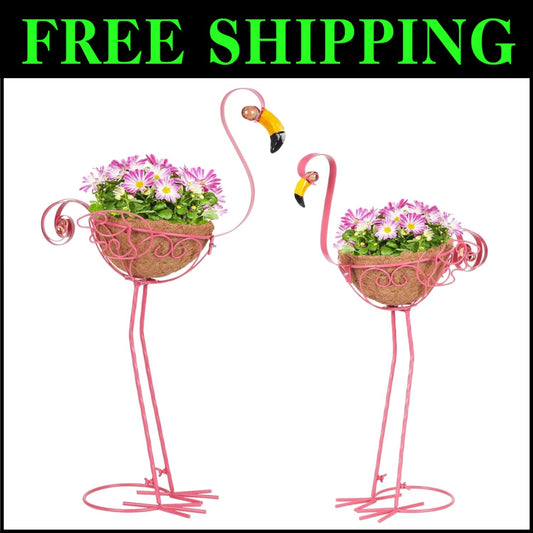 Adorable Pink Flamingo Planters - Set of 2 with Easy Assembly & Coconut Baskets