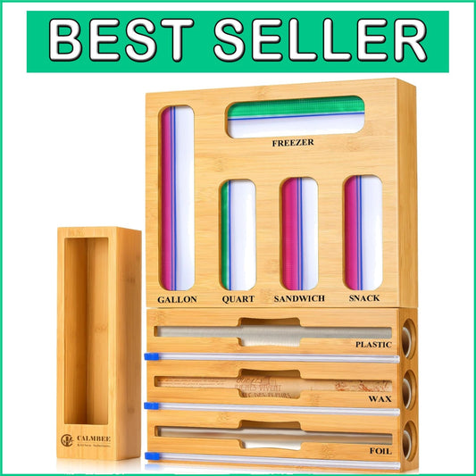 Elegant Bamboo Kitchen Storage Organizer with Slide Cutter & Labels Included