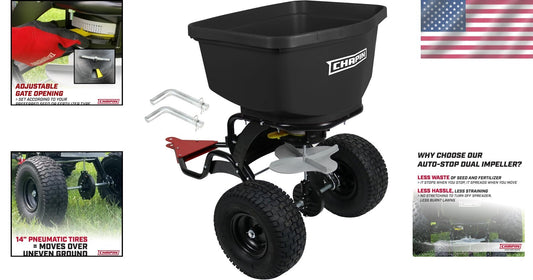 2.2 Cu Ft Tow Behind Spreader: Auto-Stop Dual Impeller & Heavy-Duty Tires