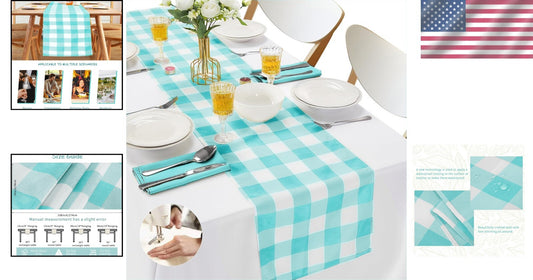 Versatile Aqua Checkered Table Runners - 12-Pack, Ideal for Dining & Weddings