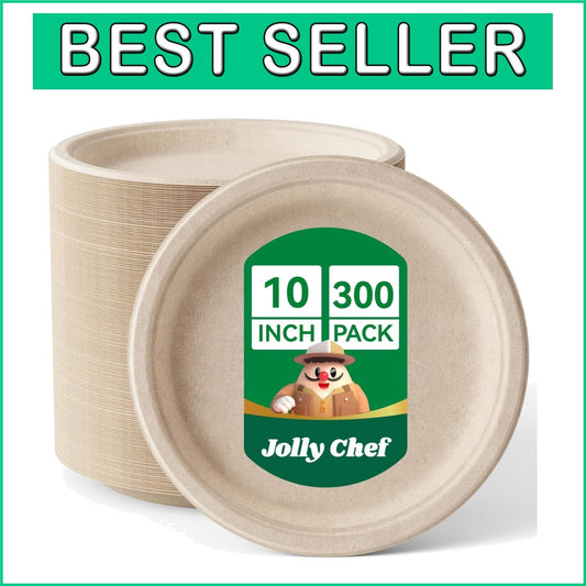 Durable Compostable Disposable Plates – 300 Count 10” Eco-Friendly Dinner Plates