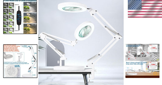 Adjustable 10X Magnifying Glass Lamp with LED - 1800 Lumens, Heavy-Duty Clamp
