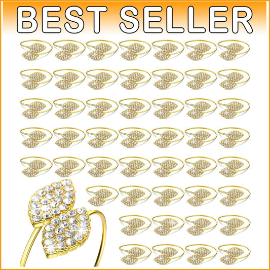 100 Pcs Gold Napkin Rings Set with Rhinestone Leaf Design for Elegant Tables