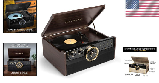 Elegant Espresso 3-Speed Turntable & Multimedia Center with Cassette & CD Player