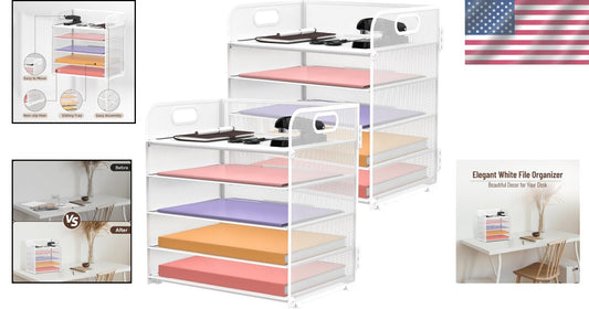 Chic 5-Tier Letter Tray Desk Organizer - Elegant White Metal for School & Office