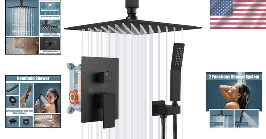 12-Inch High Pressure Ceiling Shower Head with Handheld Spray Kit - Matte Black