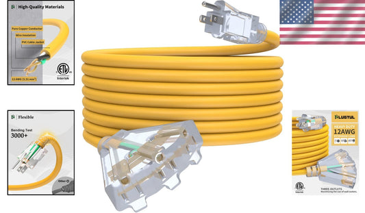 Durable Waterproof 25ft Extension Cord with 3 Outlets and Reliable Indicator