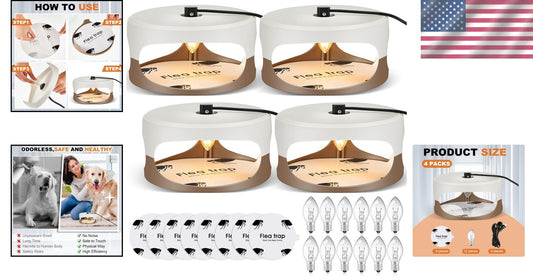 Durable Indoor Flea Light Trap Bundle - 4 Traps with UV Bulbs & Sticky Discs
