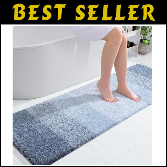 Soft Microfiber Bathroom Mat 59x20 with Rubber Backing - Elegant Blue Stripe