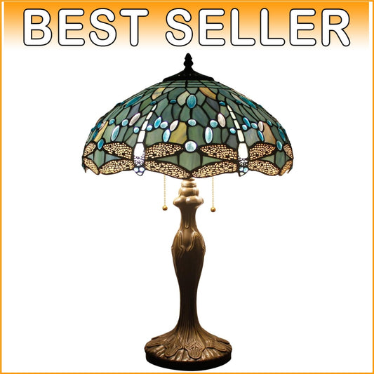 Antique Bronze Dragonfly Tiffany Lamp - Sea Blue Stained Glass Shade 16x24"