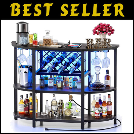 Compact Black Mini Bar Cabinet with RGB Lights and Built-in Charging Station