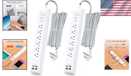 2-Pack 10ft Surge Protector Power Strip with USB Ports - Wall Mountable Design