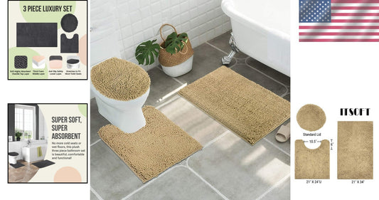 3pc Non-Slip Shaggy Chenille Bath Mat Set in Beige with Toilet Rug and Lid Cover