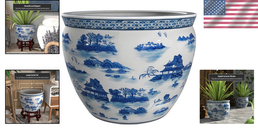 Artisanal 16" Floral Patterned Blue & White Fishbowl Planter – Timeless Elegance