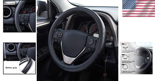15.5-Inch Black Leather Steering Wheel Cover – Protect & Enhance Driving Comfort