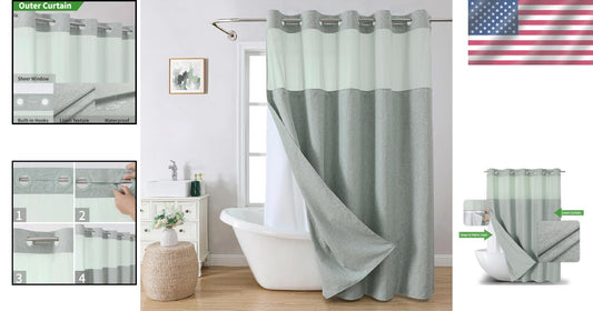 Luxurious Sage Green Shower Curtain with Linen Texture & Snap-In Liner 71x80