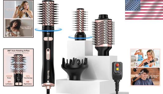 4-in-1 Hot Air Brush Set - 1000W Rotating Dryer with Ergonomic Design in Black