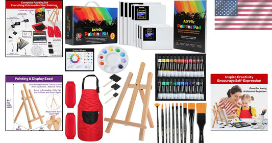 All-in-One 59-Piece Acrylic Paint Set with Easel, Brushes, and Canvas for Kids