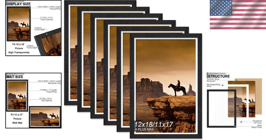 Elegant Set of 6 Black 12x18 Picture Frames with Stylish Wood Grain Finish