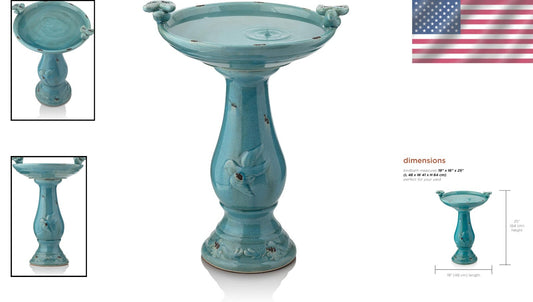 25" Antique Turquoise Ceramic Birdbath with 2 Figurines for Birds & Garden Charm