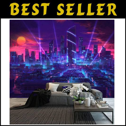 Customizable Large 108x90 In Neon Cityscape Tapestry for Bedroom & Living Room