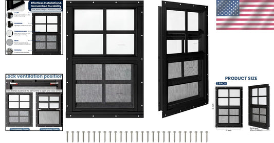 2 Pack 12" x 18" Sliding Shed Windows with Tempered Glass & Screens, Black