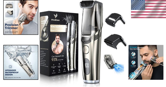 Electric Cordless Beard Trimmer with Vacuum & 2 Comb Attachments - Travel Ready