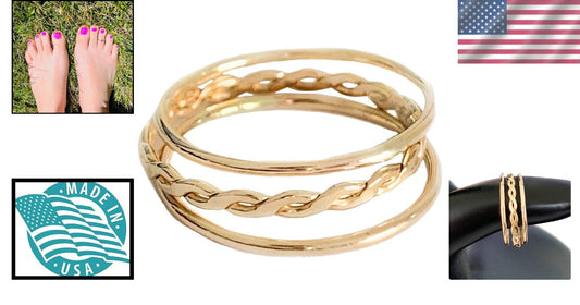 Unisex 14K Gold Fill Stackable Toe Ring Set - 3 Rings: Braid & Skinny Bands
