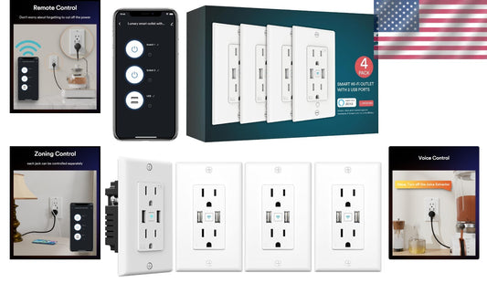 Smart Outlet with USB & Voice Control for Effortless Home Automation - 4 Pack