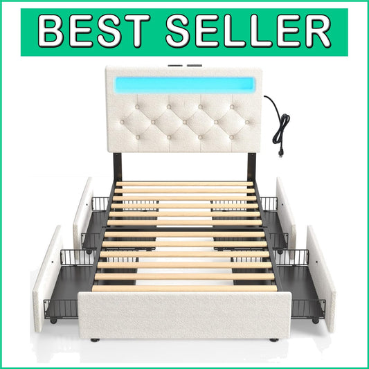 Adjustable Twin Bed Frame with RGB LED Lights & 4 Storage Drawers in White