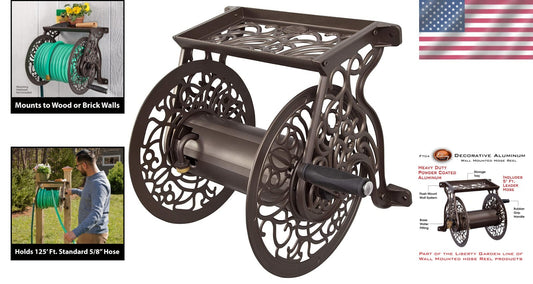 Elegant Bronze Cast Aluminum Wall-Mounted Garden Hose Reel - 125 ft Capacity
