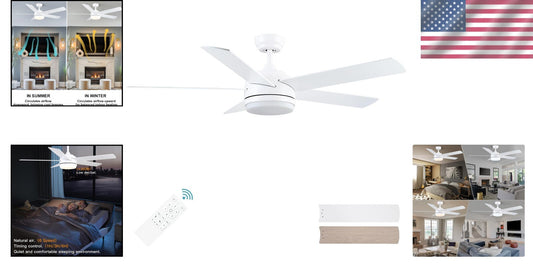 52-Inch White Remote Control Ceiling Fan with Light & Dimmable LED - Noiseless