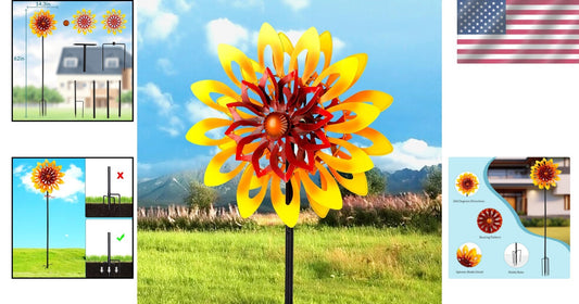 62" Sunflower Wind Sculpture - 360° Kinetic Metal Pinwheel for Garden Decor