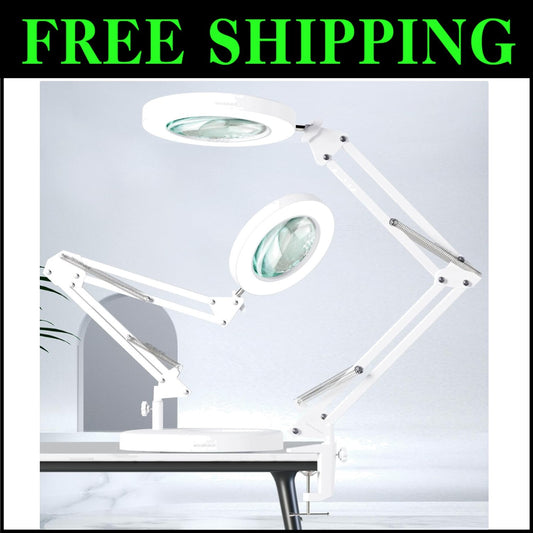 Adjustable 10X Magnifying Glass Lamp with LED - 1800 Lumens, Heavy-Duty Clamp